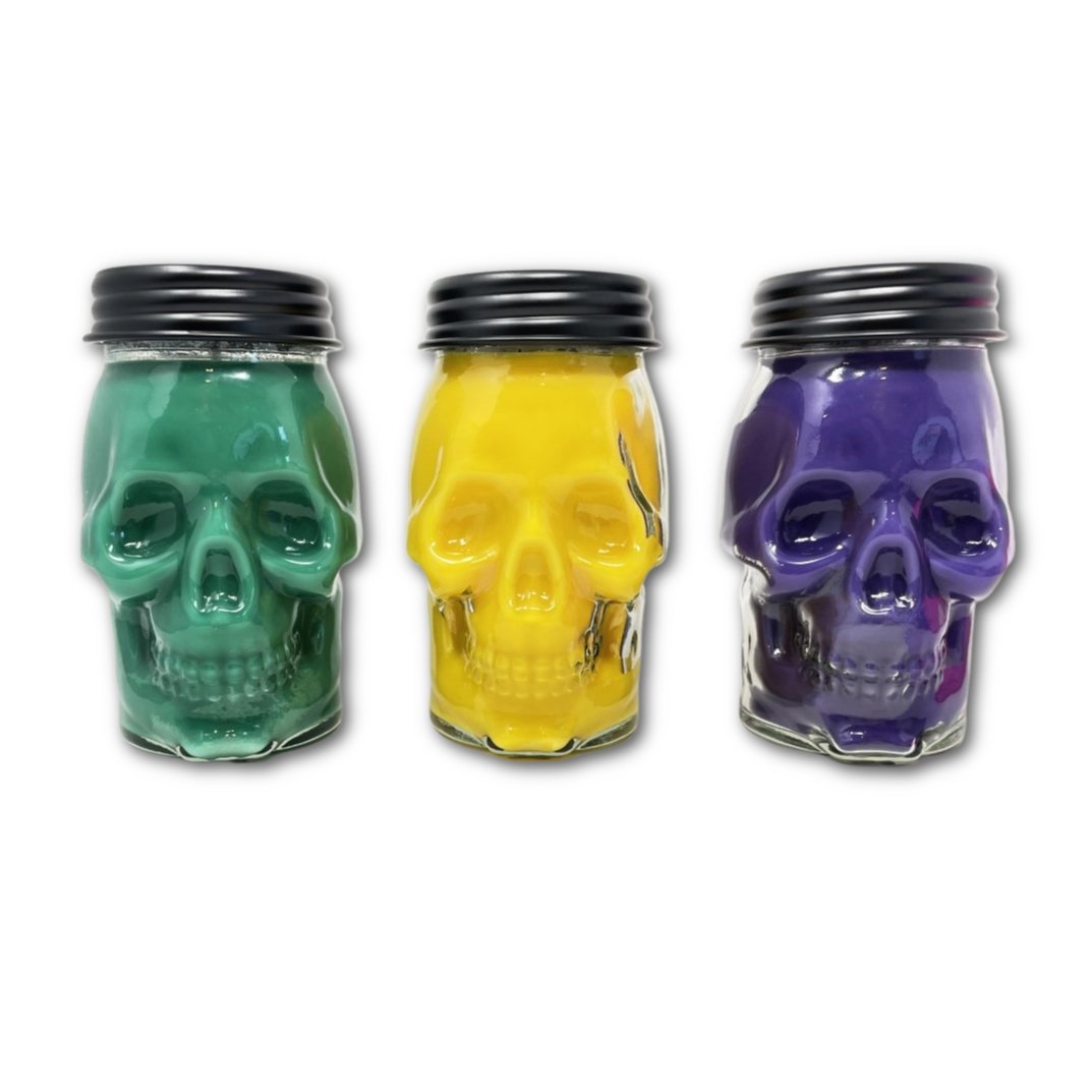 Mardi Gras Skull Candles in Specialty Jar with Glitter - Oily BlendsMardi Gras Skull Candles in Specialty Jar with Glitter